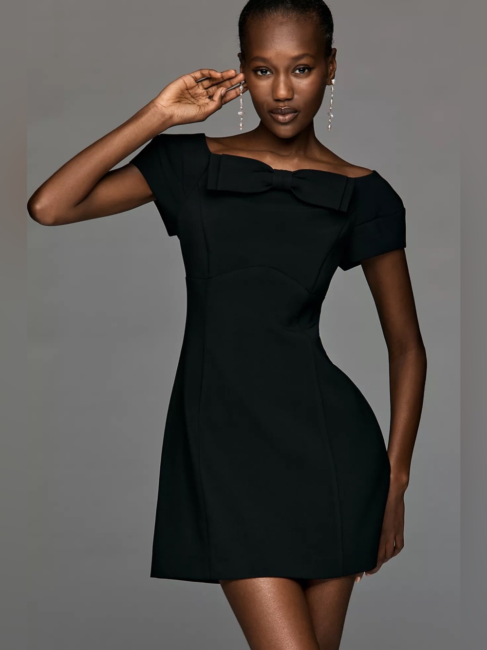 NWT Anthropologie Endless Rose Off-Shoulder Bow Mini Dress in Black Size M